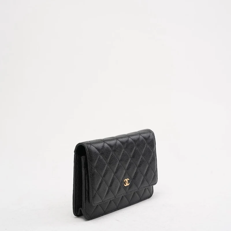 Chanel Schwarze klassische Brieftasche mit Kette (WOC) Caviar 2014