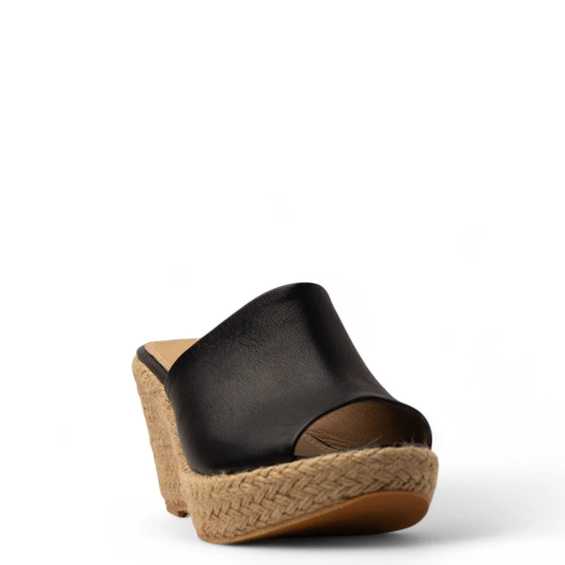 Women Black Leather Wedges #3829
