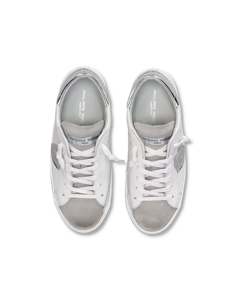 Women's Prsx Low-Top Sneakers in Leather with metallic touches, Silver White