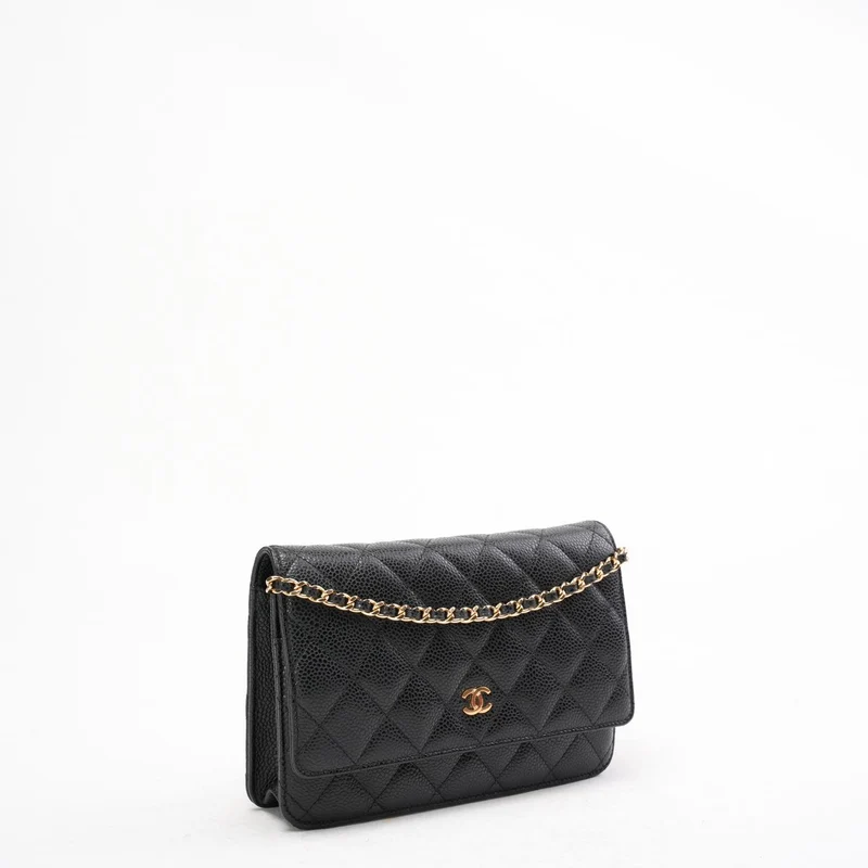 Chanel Schwarze klassische Brieftasche mit Kette (WOC) Caviar 2015