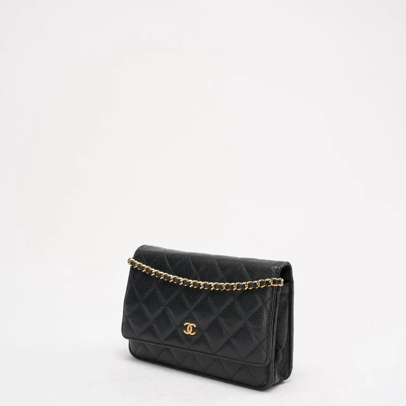 Chanel Schwarze klassische Brieftasche mit Kette (WOC) Caviar 2014