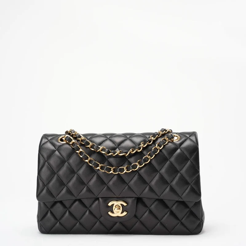 Chanel Schwarzes mittelgroßes Lammleder mit Doppelklappe 2014-2015