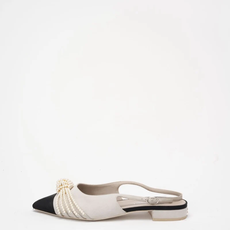 Chanel Satin Grosgrain Pearl Slingback Flats Weiß/Schwarz Größe 37C