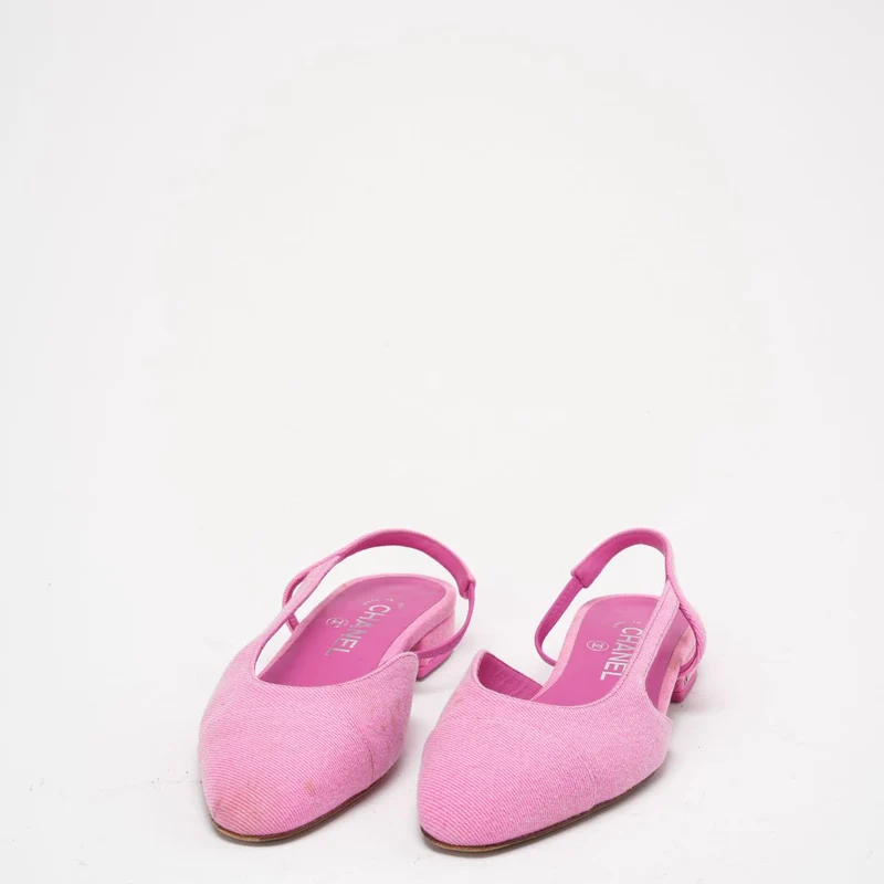 Chanel Neonpinker Denim-Slingback mit CC-Zehenkappe, flach, 37