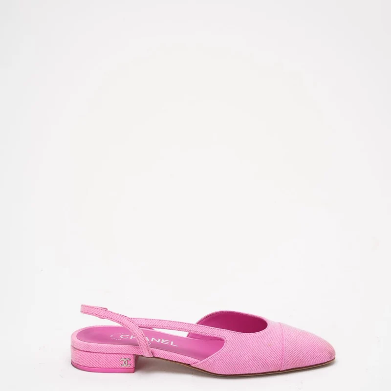 Chanel Neonpinker Denim-Slingback mit CC-Zehenkappe, flach, 37