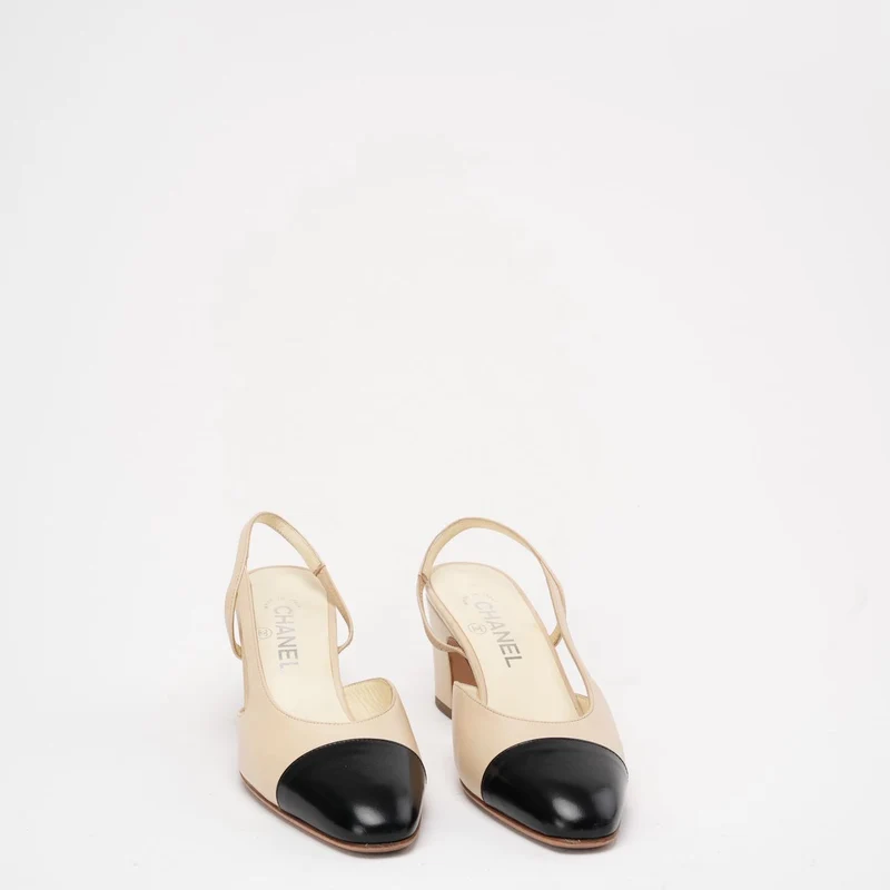 Chanel Schwarz/Beige Ripsband Cap Toe CC Slingback 38