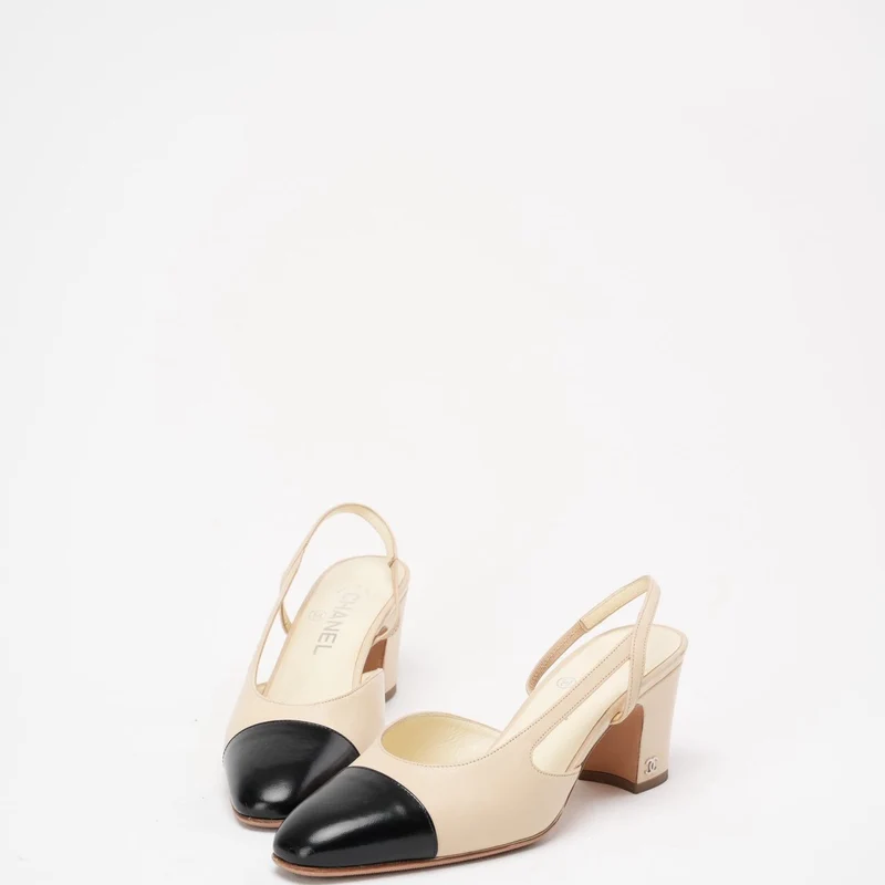 Chanel Schwarz/Beige Ripsband Cap Toe CC Slingback 38