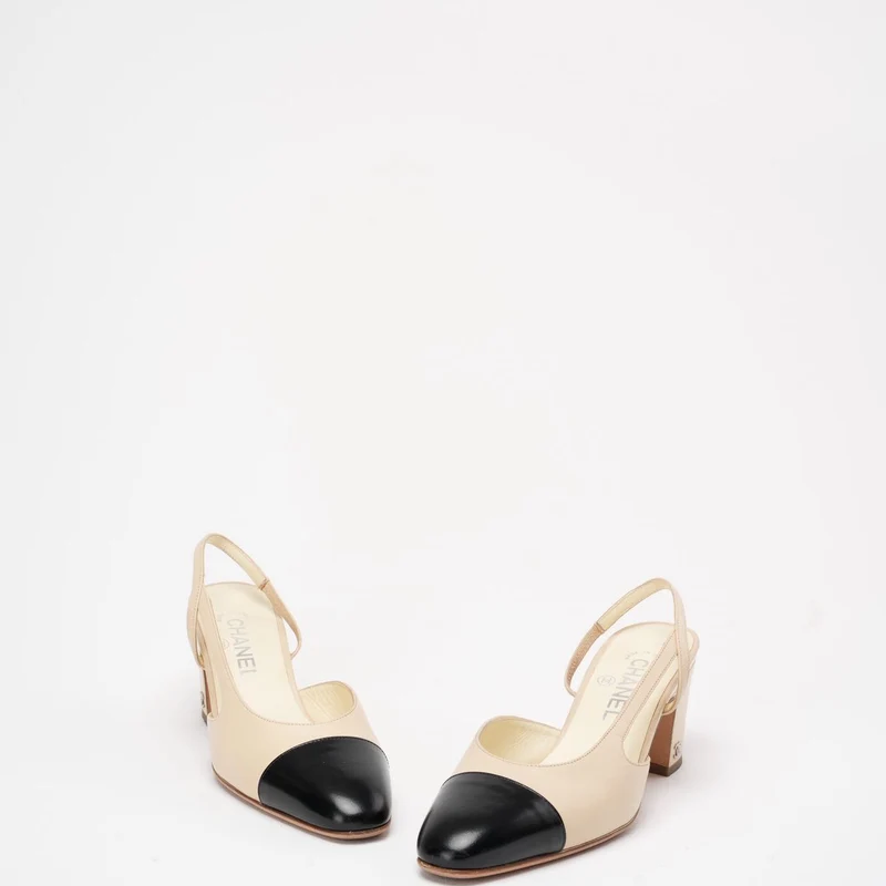 Chanel Schwarz/Beige Ripsband Cap Toe CC Slingback 38
