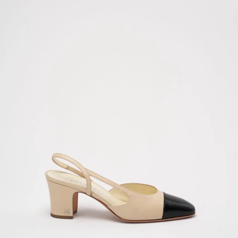 Chanel Schwarz/Beige Ripsband Cap Toe CC Slingback 38