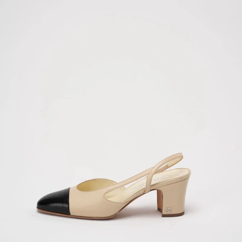 Chanel Schwarz/Beige Ripsband Cap Toe CC Slingback 38