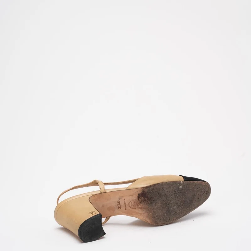 Chanel Beige/Schwarze Ripsband-Pumps mit Kappe und CC-Zehenpartie 39 ½