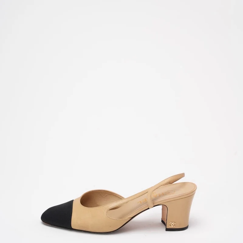 Chanel Beige/Schwarze Ripsband-Pumps mit Kappe und CC-Zehenpartie 39 ½