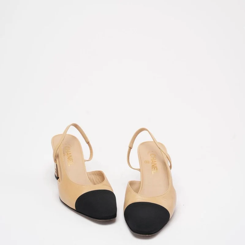 Chanel Schwarz/Beige Cap Toe Slingback 39.5