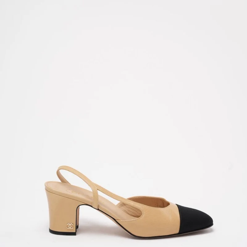 Chanel Schwarz/Beige Cap Toe Slingback 39.5