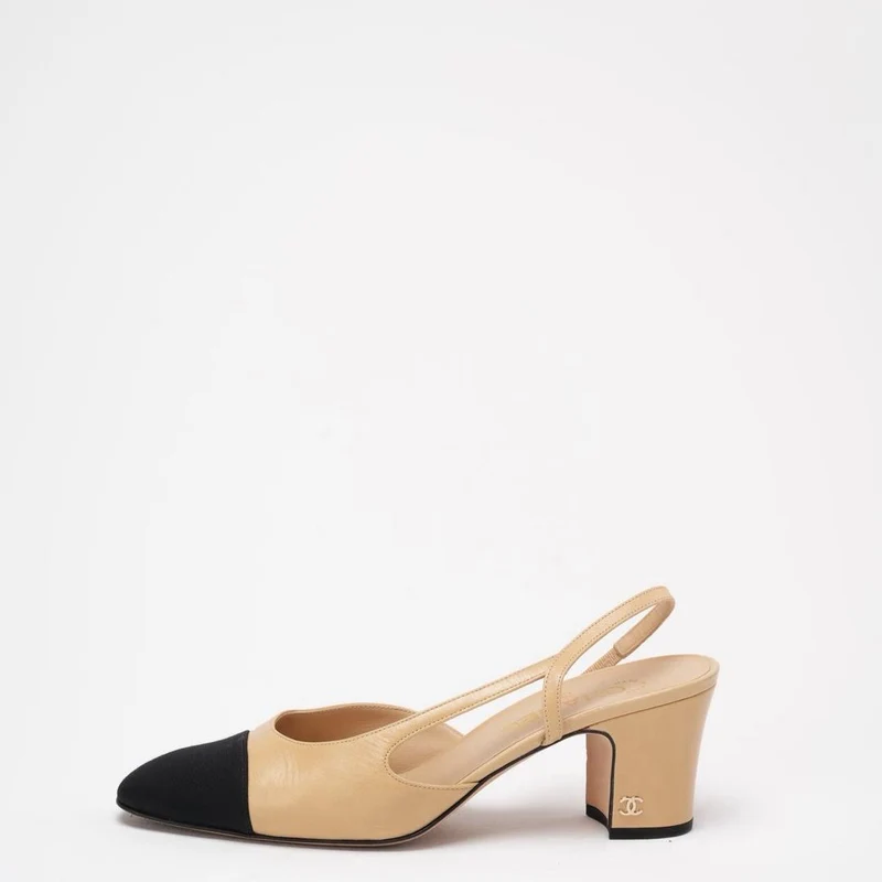Chanel Schwarz/Beige Cap Toe Slingback 39.5