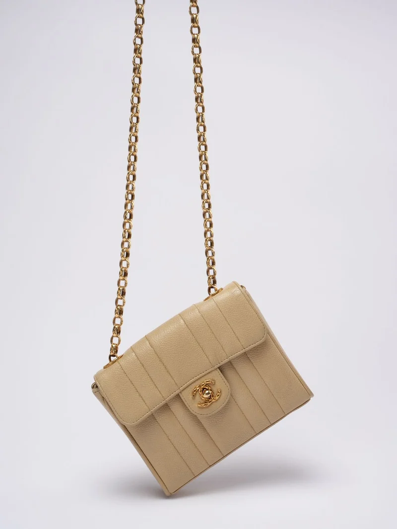 Chanel Vintage Beige Single Flap Bag Kaviarleder