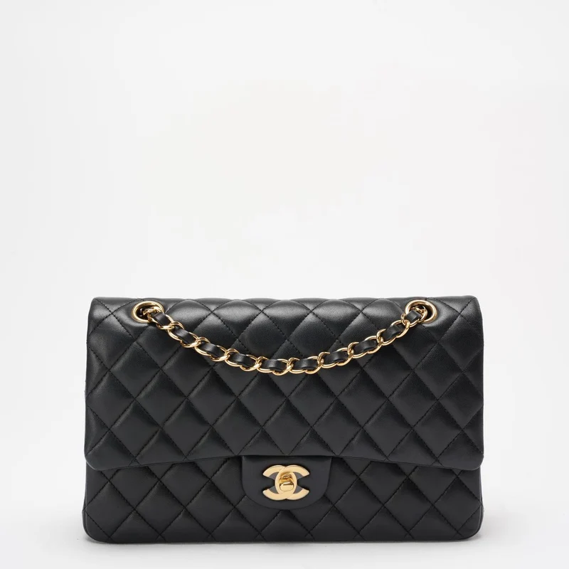 Chanel Schwarze Doppelklappe Tasche Medium Lammleder