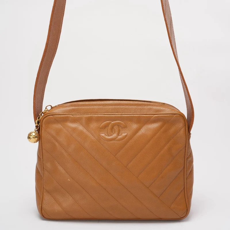 Chanel Vintage Caramel Caviar Diagonal Umhängetasche