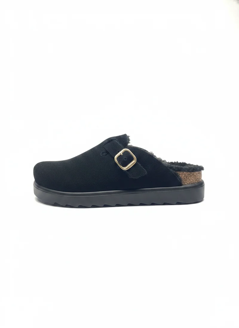Zueco Plano Serraje negro/negro