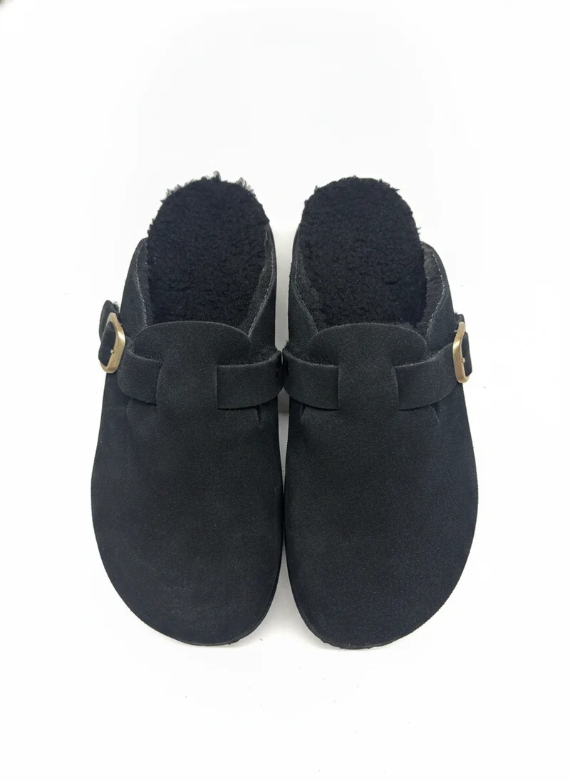 Zueco Plano Serraje negro/negro