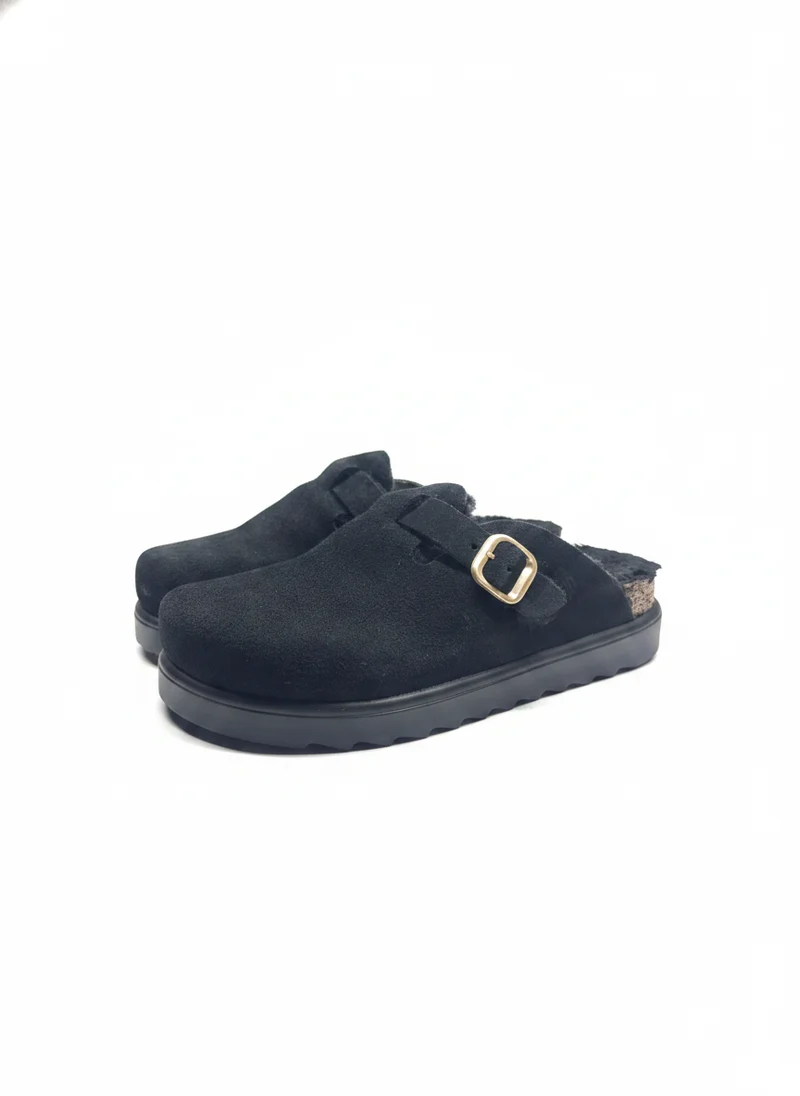 Zueco Plano Serraje negro/negro