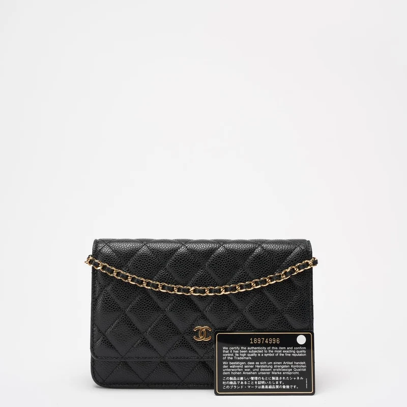 Chanel Schwarze klassische Geldbörse mit Kette WOC Bag Caviar 2013-2014