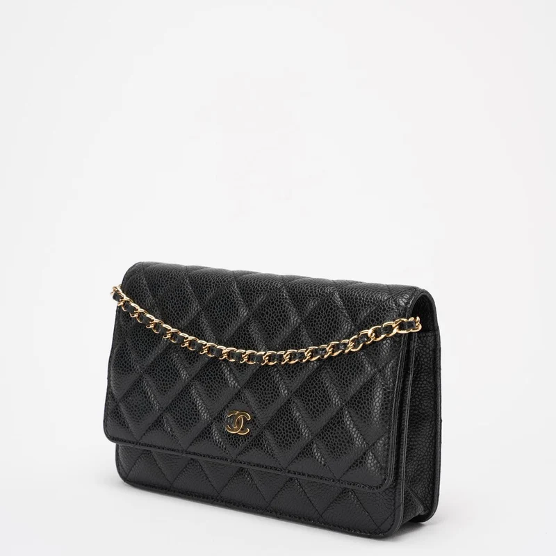 Chanel Schwarze klassische Geldbörse mit Kette WOC Bag Caviar 2013-2014