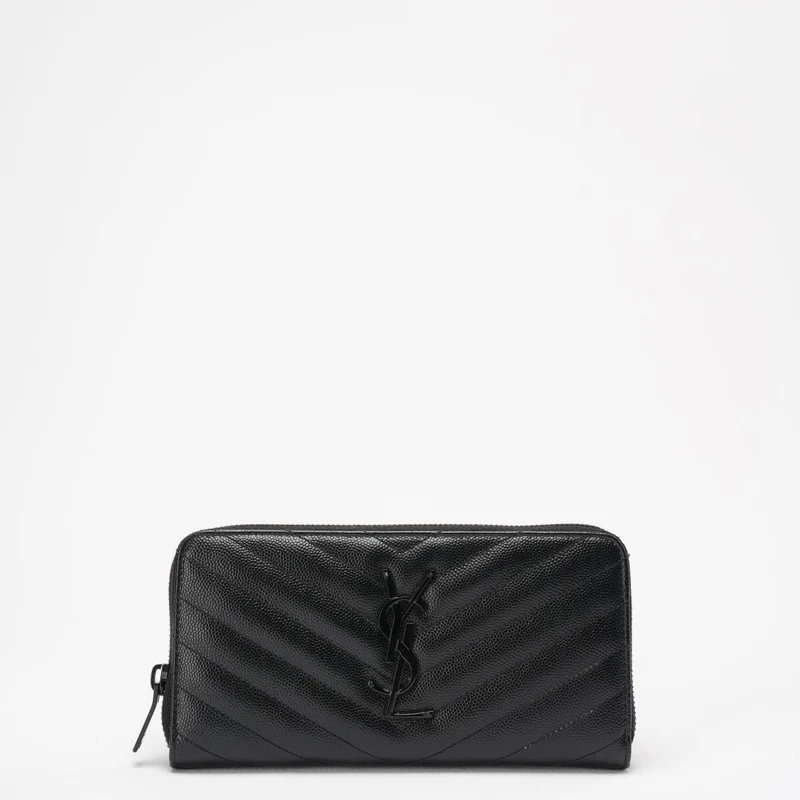 Saint Laurent – ​​Schwarzes, kontinentales Portemonnaie aus Leder mit Chevron-Muster