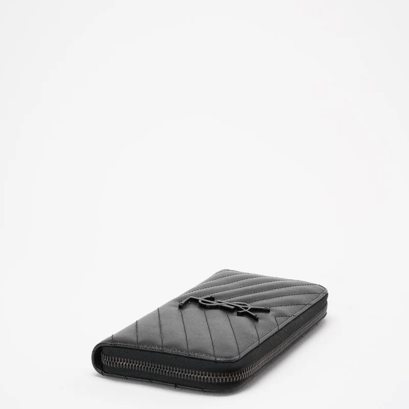 Saint Laurent – ​​Schwarzes, kontinentales Portemonnaie aus Leder mit Chevron-Muster