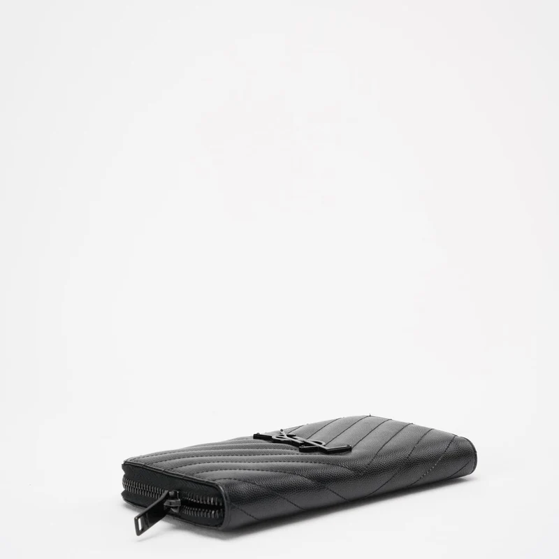 Saint Laurent – ​​Schwarzes, kontinentales Portemonnaie aus Leder mit Chevron-Muster