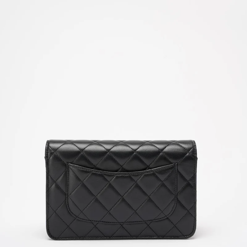 Chanel Schwarze Geldbörse auf Kettentasche Lammleder 2019