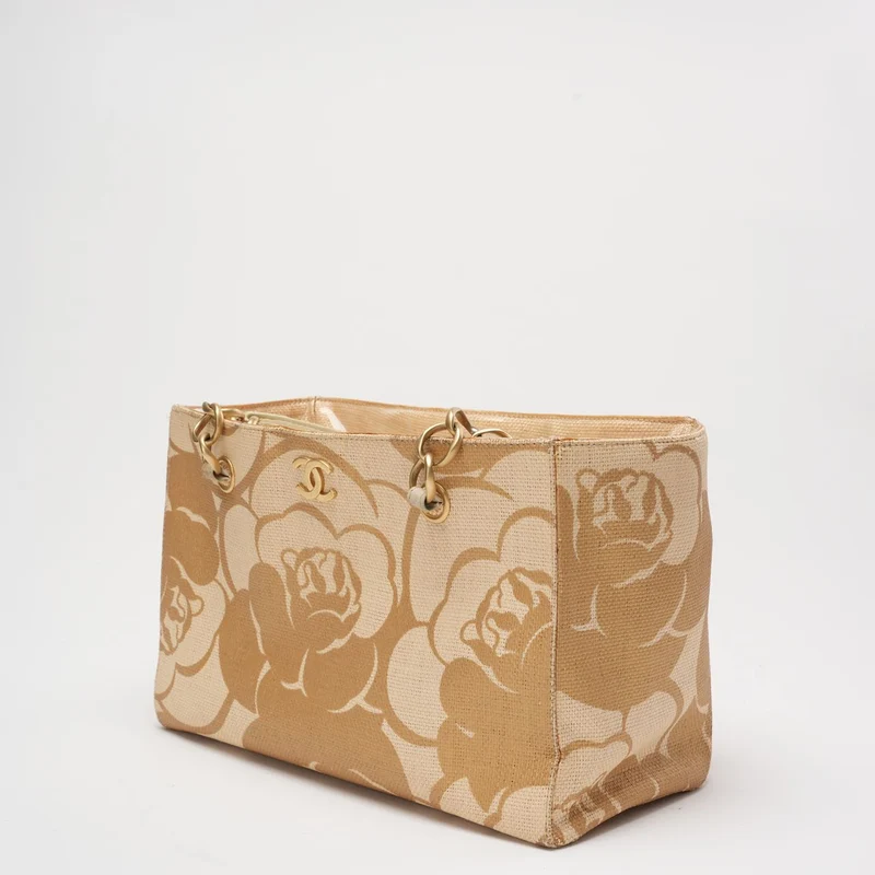 Chanel Raffia Camellia Kleine Einkaufstasche Beige