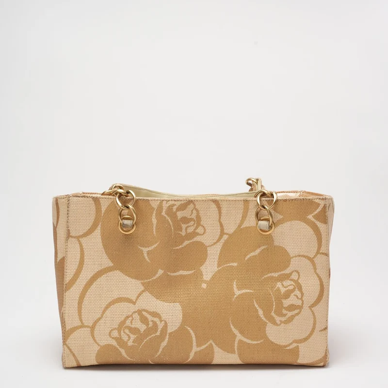 Chanel Raffia Camellia Kleine Einkaufstasche Beige
