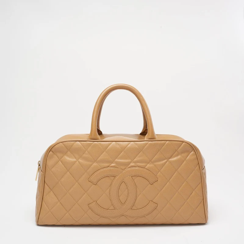 Chanel Vintage Bowler Handtasche Beige Kaviarleder