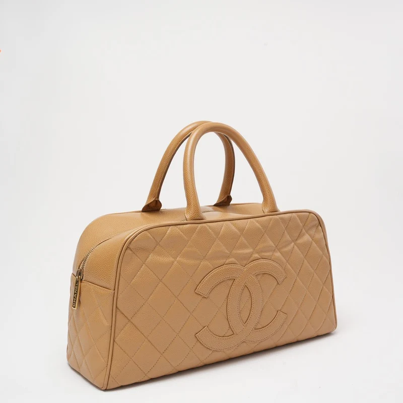 Chanel Vintage Bowler Handtasche Beige Kaviarleder
