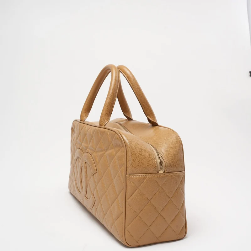 Chanel Vintage Bowler Handtasche Beige Kaviarleder
