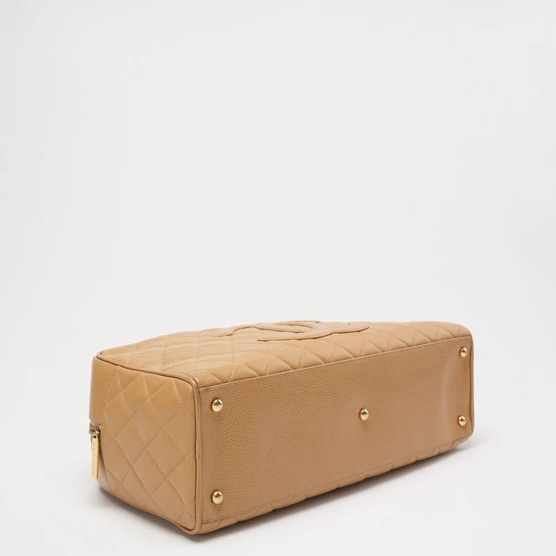 Chanel Vintage Bowler Handtasche Beige Kaviarleder