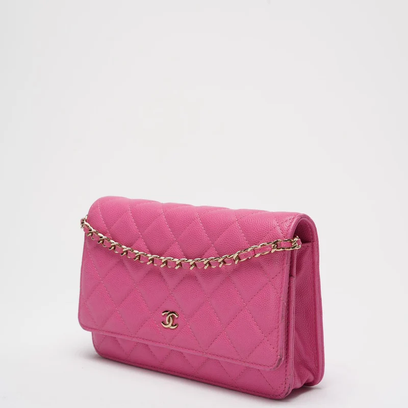 Chanel Timeless Wallet mit Kette, Hot Pink Caviar Leder
