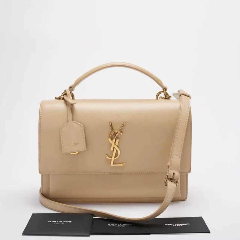 Saint Laurent Sunset Bag Medium Kalbsleder Monogramm Beige mit goldenen Beschlägen