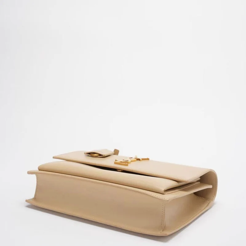 Saint Laurent Sunset Bag Medium Kalbsleder Monogramm Beige mit goldenen Beschlägen
