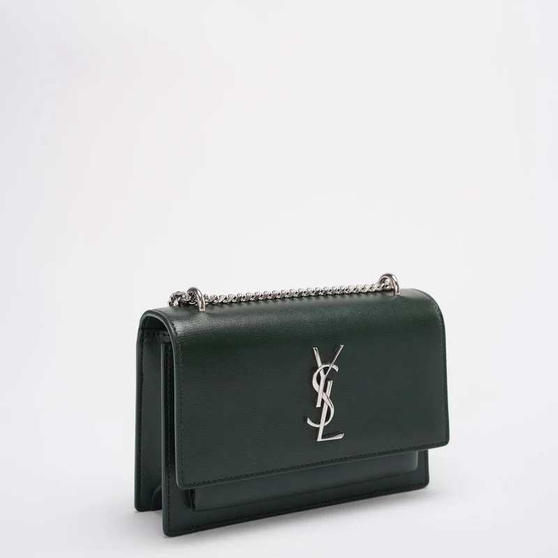 Saint Laurent Sunset Geldbörse mit Kette, Mini, Olivgrün mit silberfarbener Hardware