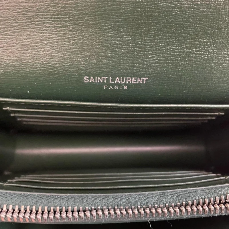 Saint Laurent Sunset Geldbörse mit Kette, Mini, Olivgrün mit silberfarbener Hardware