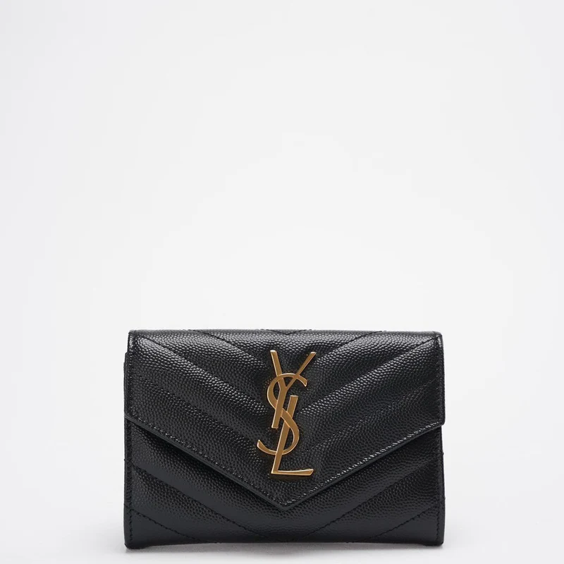 Saint Laurent Kleines Monogramm-Portemonnaie aus schwarzem Leder mit goldenem YSL-Logo