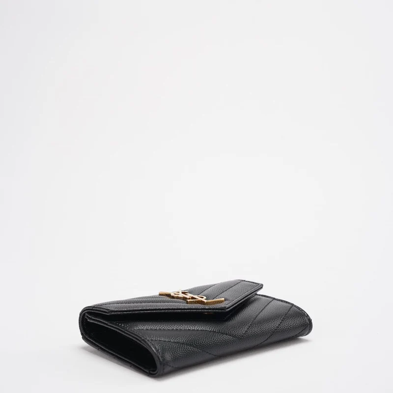 Saint Laurent Kleines Monogramm-Portemonnaie aus schwarzem Leder mit goldenem YSL-Logo
