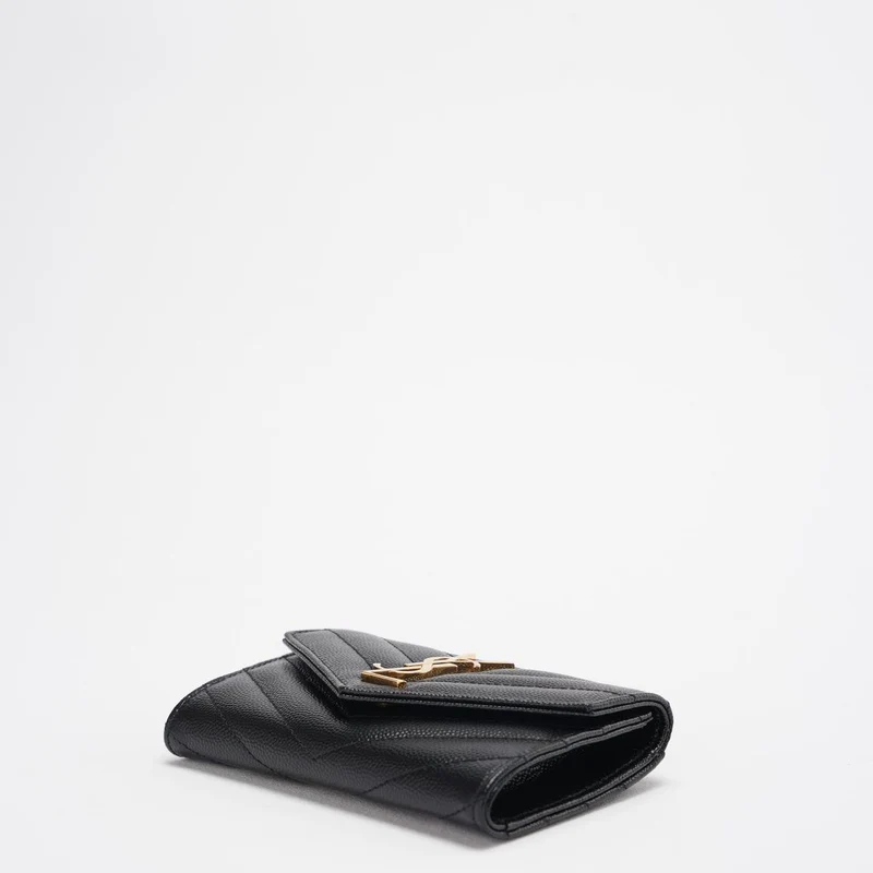 Saint Laurent Kleines Monogramm-Portemonnaie aus schwarzem Leder mit goldenem YSL-Logo