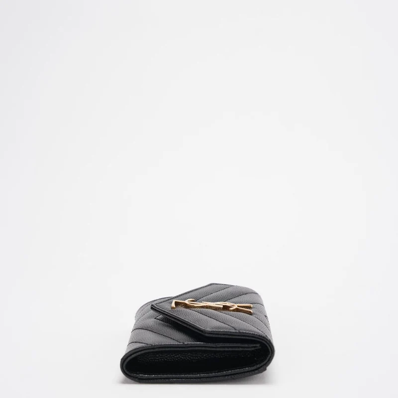 Saint Laurent Kleines Monogramm-Portemonnaie aus schwarzem Leder mit goldenem YSL-Logo