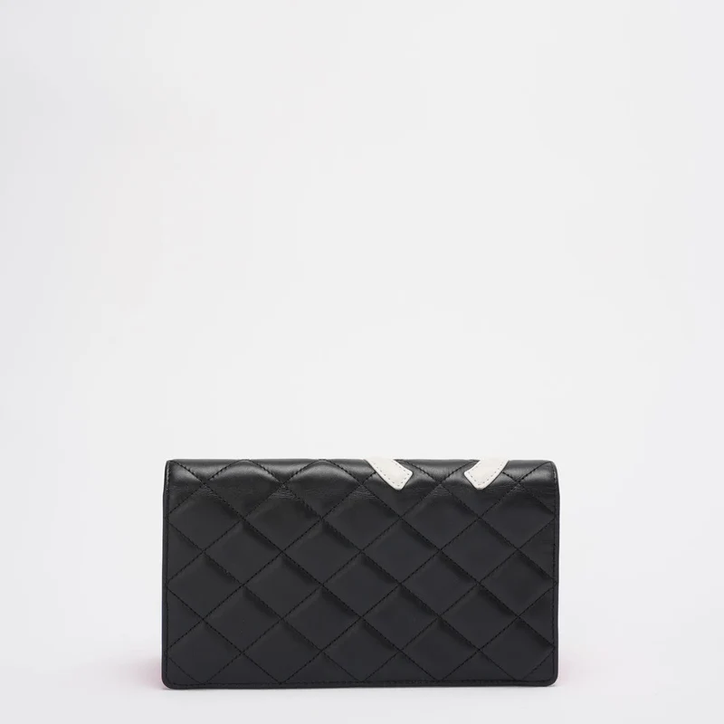 Chanel Cambon Wallet Klassisches schwarz-weißes Portemonnaie aus gestepptem Kalbsleder mit rosa Innenausstattung