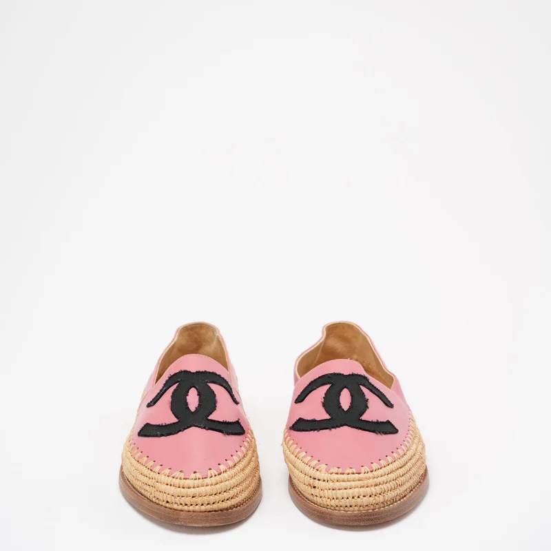 Chanel Pink / Schwarze CC Espadrille-Flats aus Lammleder, Größe 38