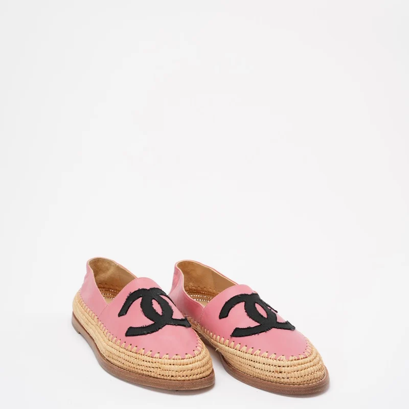 Chanel Pink / Schwarze CC Espadrille-Flats aus Lammleder, Größe 38