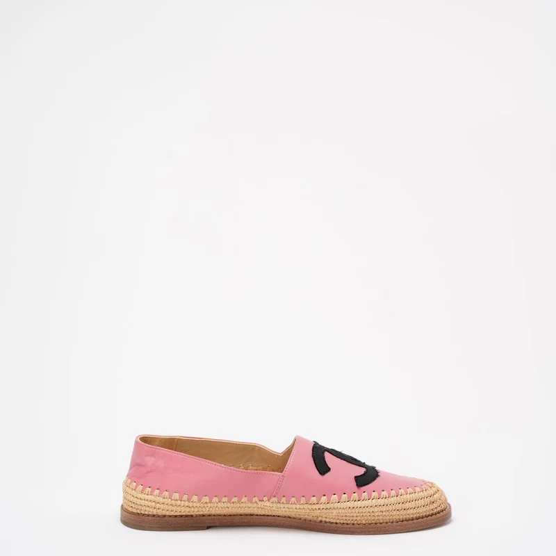 Chanel Pink / Schwarze CC Espadrille-Flats aus Lammleder, Größe 38